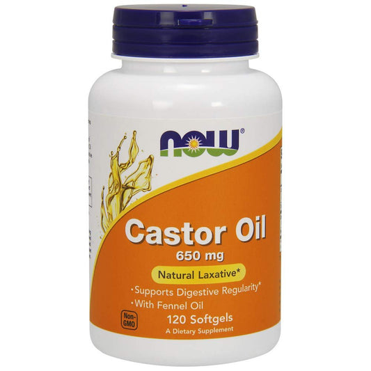 NOW Castor Oil 650 mg with Fennel Oil | Natural Laxative | Cold Pressed, Hexane-Free | 120 Softgels Exp 02/2027 - Ome's Beauty Mart