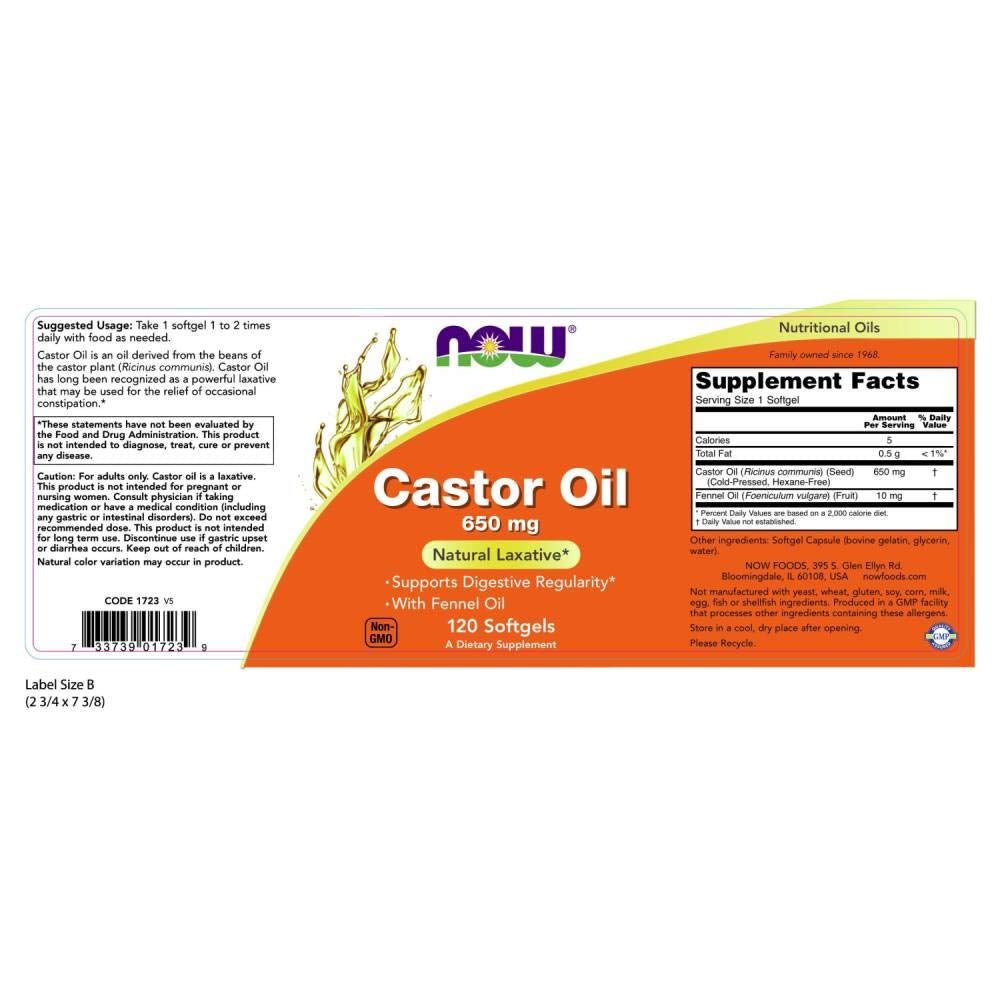 NOW Castor Oil 650 mg with Fennel Oil | Natural Laxative | Cold Pressed, Hexane-Free | 120 Softgels Exp 02/2027 - Ome's Beauty Mart