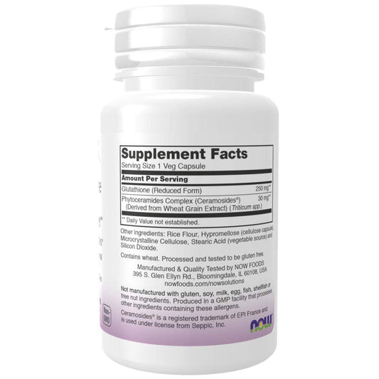 NOW Solutions, Glutathione Skin Brightener with Ceramosides® | Moisturizing and Illuminating | 30 Veg Capsules Exp 11/2025 - Ome's Beauty Mart