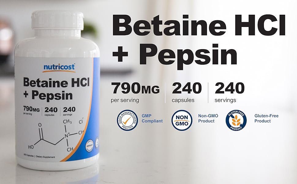 Nutricost Betaine HCl 650mg + Pepsin 140mg | Digestive Health | 240 Capsules Exp 03/2027 - Ome's Beauty Mart