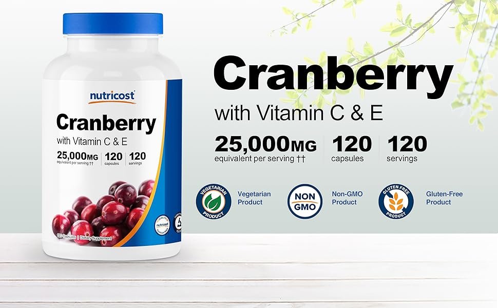 Nutricost Cranberry Extract 25,000mg with Vitamin C 45mg & Vitamin E 5mg | Urinary Tract Health | 120 Capsules Exp 07/2027 - Ome's Beauty Mart