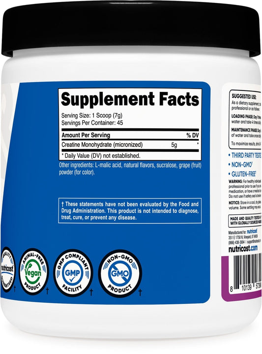 Nutricost Creatine Monohydrate Micronized Powder 5g | 5000mg Per Serving | 45 Servings | For Endurance, Muscle Mass Building & Energy Production | Grape Flavored 10.7oz/300g Exp 07/2027 - Ome's Beauty Mart