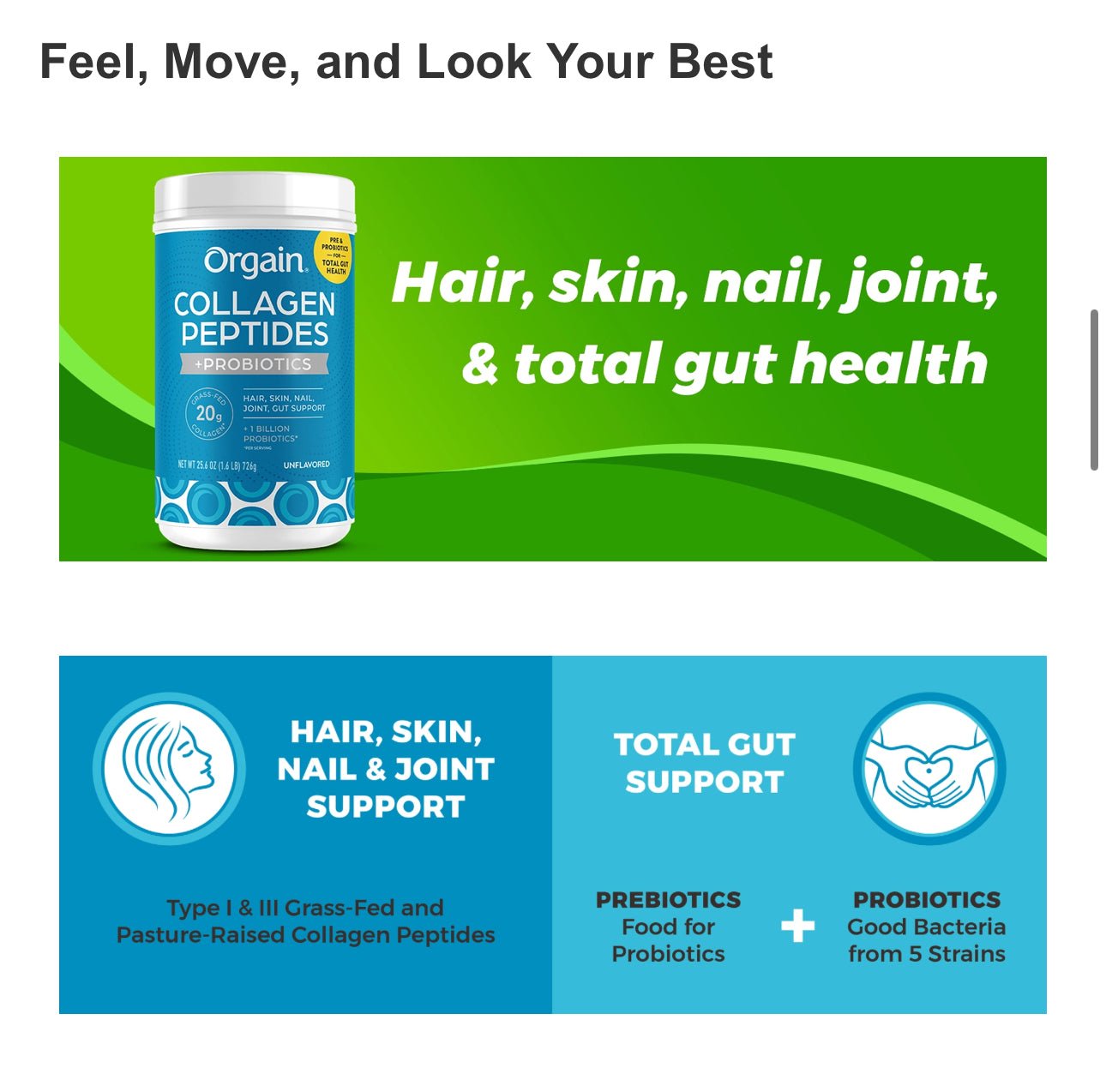 Orgain Collagen Peptides 20g Powder with Probiotics 1 Billion CFU (5 Strains) and Prebiotics | Hair, Skin, Nail, Joint & Gut Support | 34 Servings | Unflavored, 1.6lbs/776g Exp 01/2026 - Ome's Beauty Mart