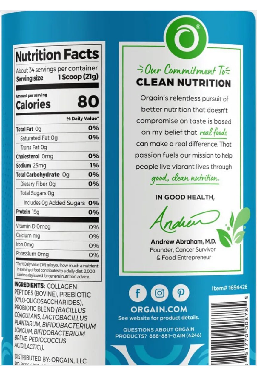 Orgain Collagen Peptides 20g Powder with Probiotics 1 Billion CFU (5 Strains) and Prebiotics | Hair, Skin, Nail, Joint & Gut Support | 34 Servings | Unflavored, 1.6lbs/776g Exp 01/2026 - Ome's Beauty Mart