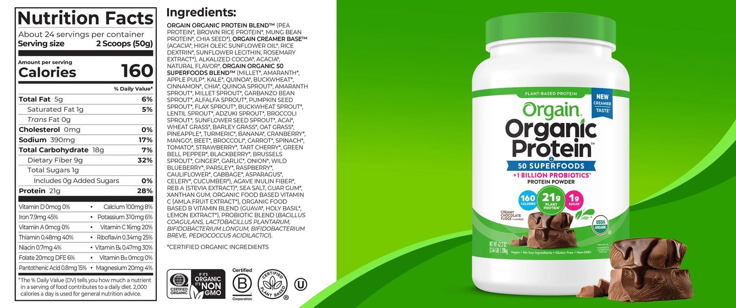 Orgain Organic Plant - Based Protein Powder with 50 Superfoods + Prebiotic | 21g Plant Protein | 24 Servings | Creamy Chocolate Fudge, 2.64lb (1.2kg) Exp 10/2025 - Ome's Beauty Mart