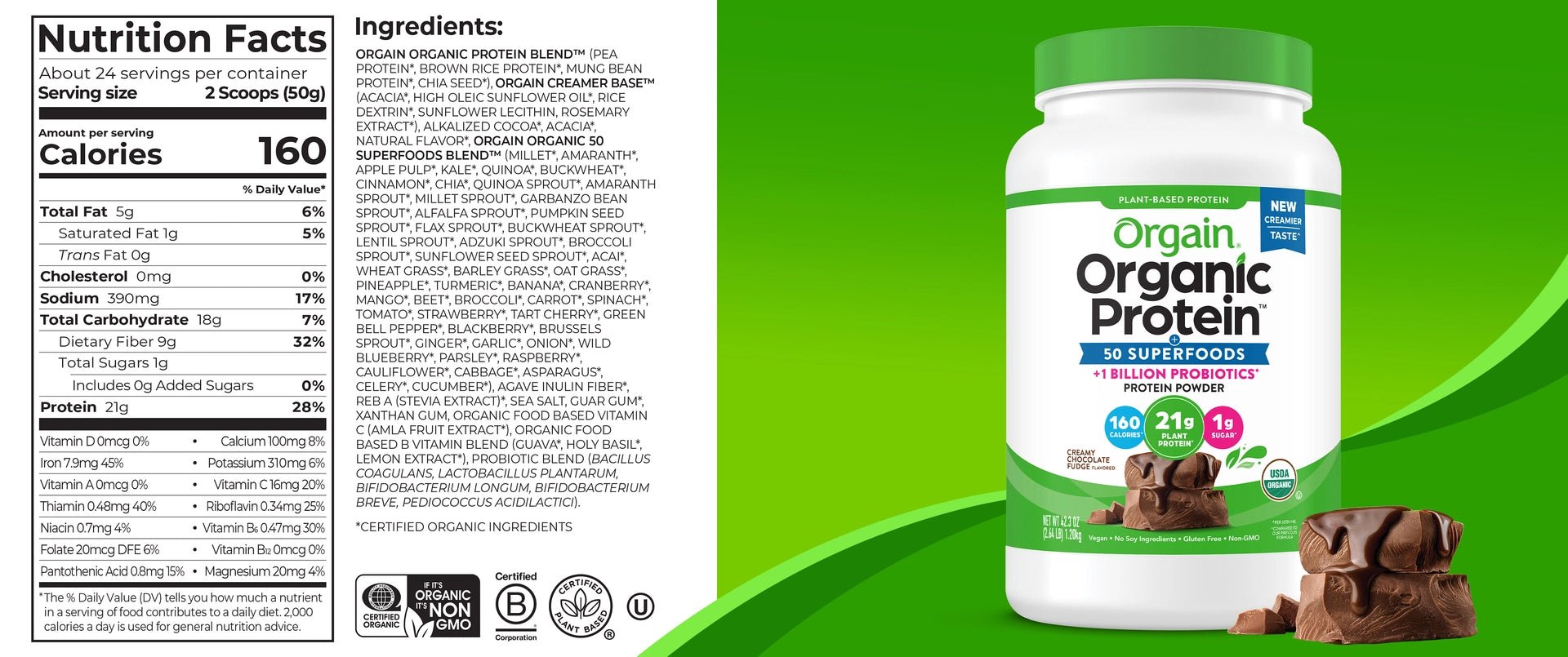 Orgain Organic Plant - Based Protein Powder with 50 Superfoods + Prebiotic | 21g Plant Protein | 24 Servings | Creamy Chocolate Fudge, 2.64lb (1.2kg) Exp 10/2025 - Ome's Beauty Mart