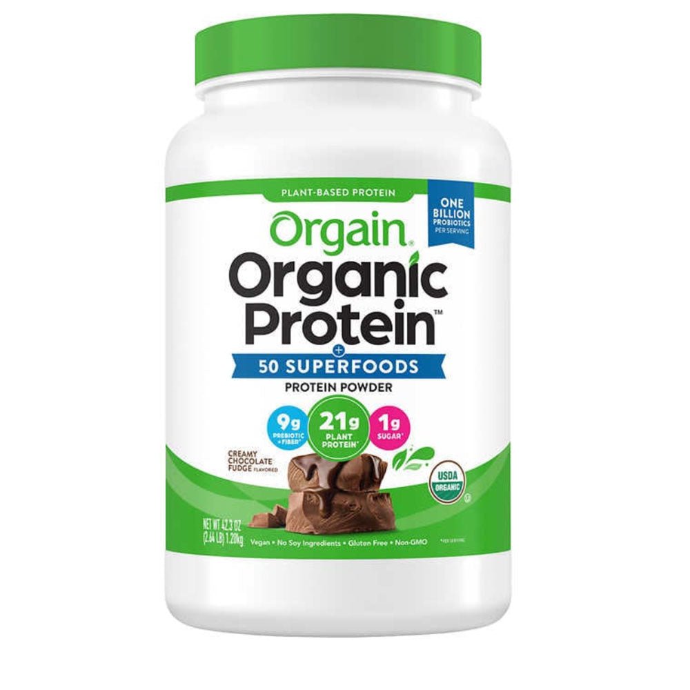 Orgain Organic Plant - Based Protein Powder with 50 Superfoods + Prebiotic | 21g Plant Protein | 24 Servings | Creamy Chocolate Fudge, 2.64lb (1.2kg) Exp 10/2025 - Ome's Beauty Mart