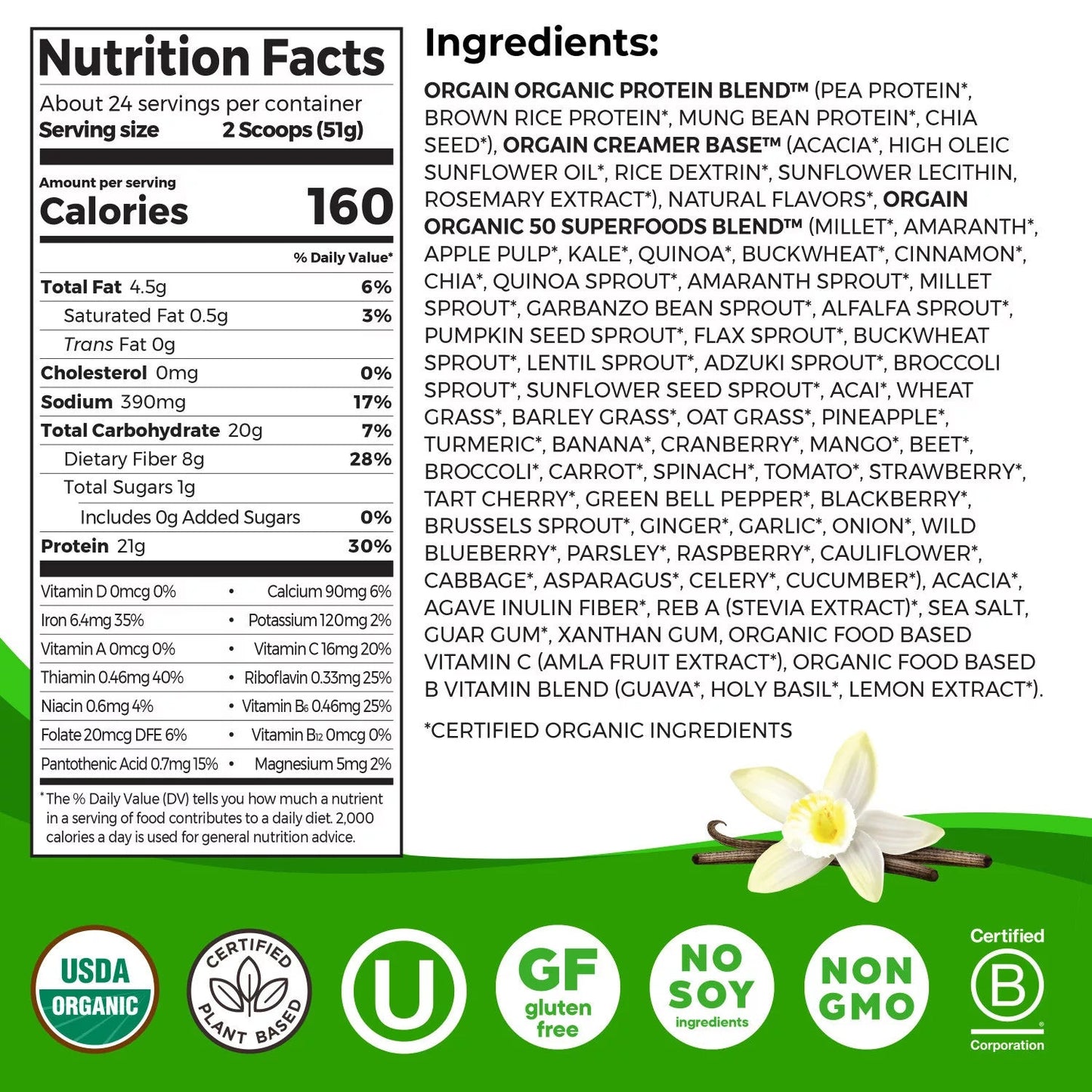 Orgain Organic Plant - Based Protein Powder with 50 Superfoods + Prebiotic | 21g Plant Protein | 24 Servings | Vanilla Bean Flavored , 2.7Lb (1.22kg) Exp 03/2026 - Ome's Beauty Mart