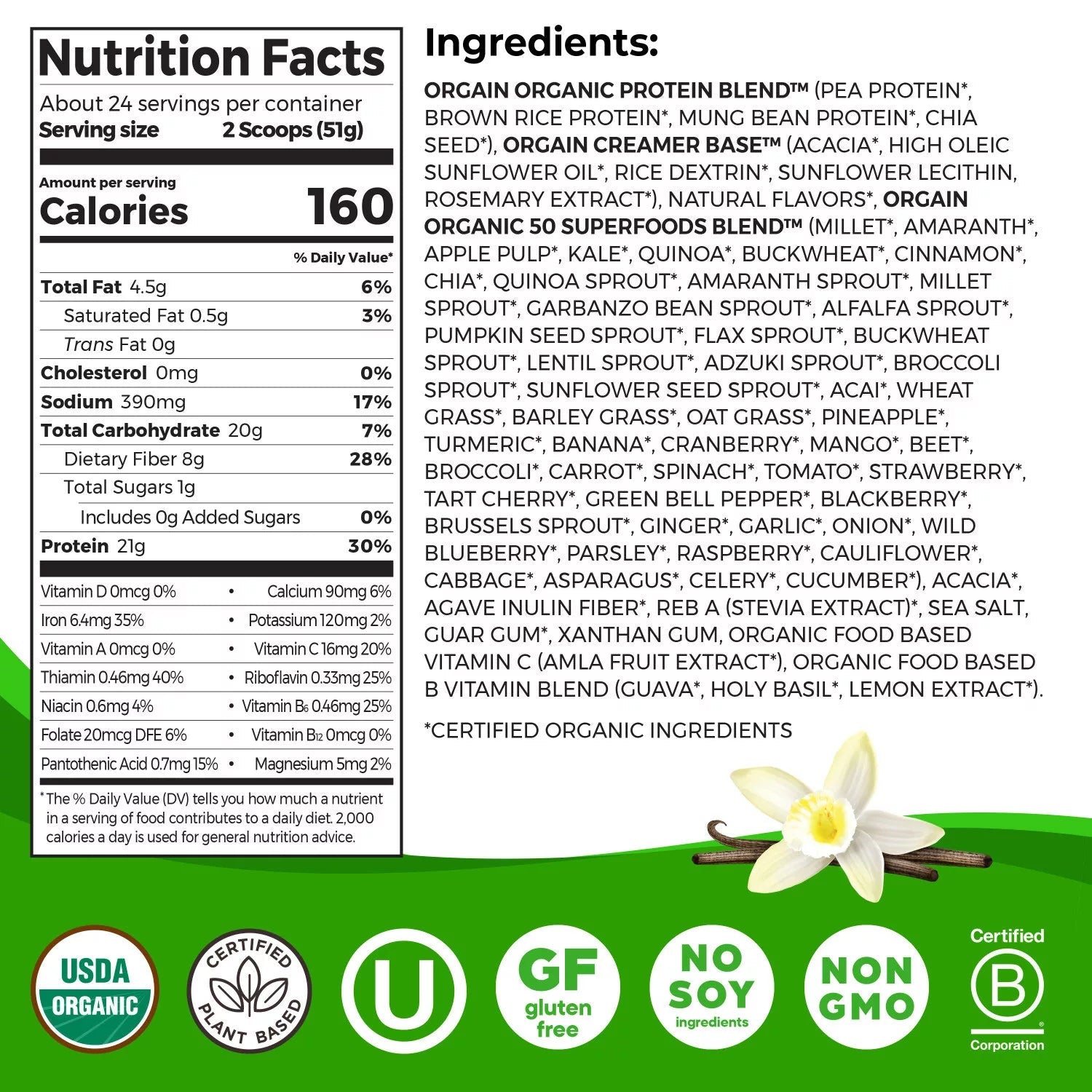 Orgain Organic Plant - Based Protein Powder with 50 Superfoods + Prebiotic | 21g Plant Protein | 24 Servings | Vanilla Bean Flavored , 2.7Lb (1.22kg) Exp 03/2026 - Ome's Beauty Mart