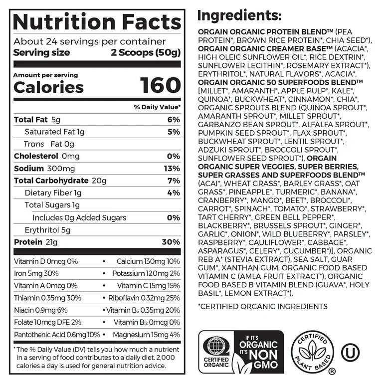 Orgain Organic Plant - Based Protein Powder with 50 Superfoods + Prebiotic | 21g Plant Protein | 24 Servings | Vanilla Bean Flavored , 2.7Lb (1.22kg) Exp 03/2026 - Ome's Beauty Mart