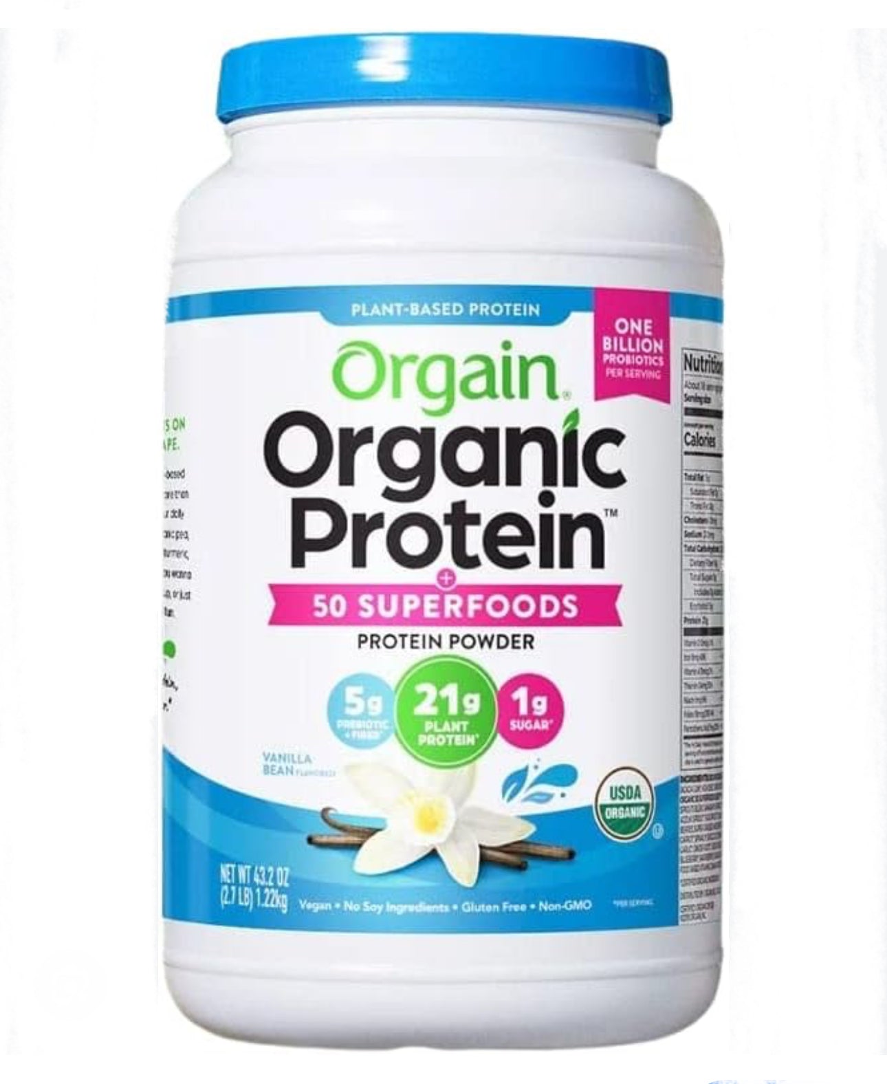 Orgain Organic Plant - Based Protein Powder with 50 Superfoods + Prebiotic | 21g Plant Protein | 24 Servings | Vanilla Bean Flavored , 2.7Lb (1.22kg) Exp 03/2026 - Ome's Beauty Mart