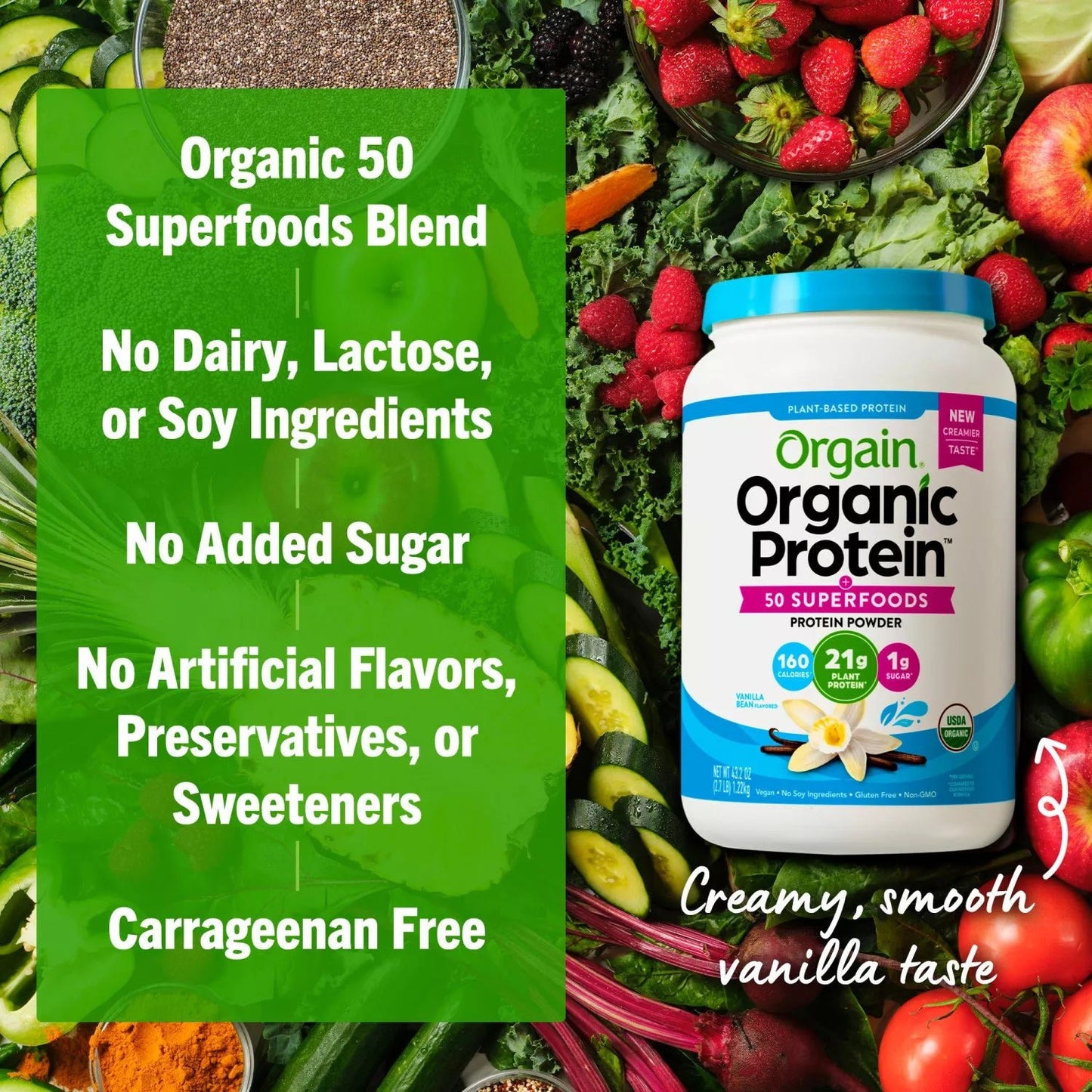 Orgain Organic Plant - Based Protein Powder with 50 Superfoods + Prebiotic | 21g Plant Protein | 24 Servings | Vanilla Bean Flavored , 2.7Lb (1.22kg) Exp 03/2026 - Ome's Beauty Mart