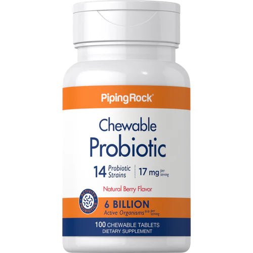 PipingRock Chewable Probiotic | 14 Probiotic Strains | 6 Billion CFU Organisms | For Male & Female | Natural Berry Flavor | 100 Chewable Tablets Exp 02/2026 - Ome's Beauty Mart