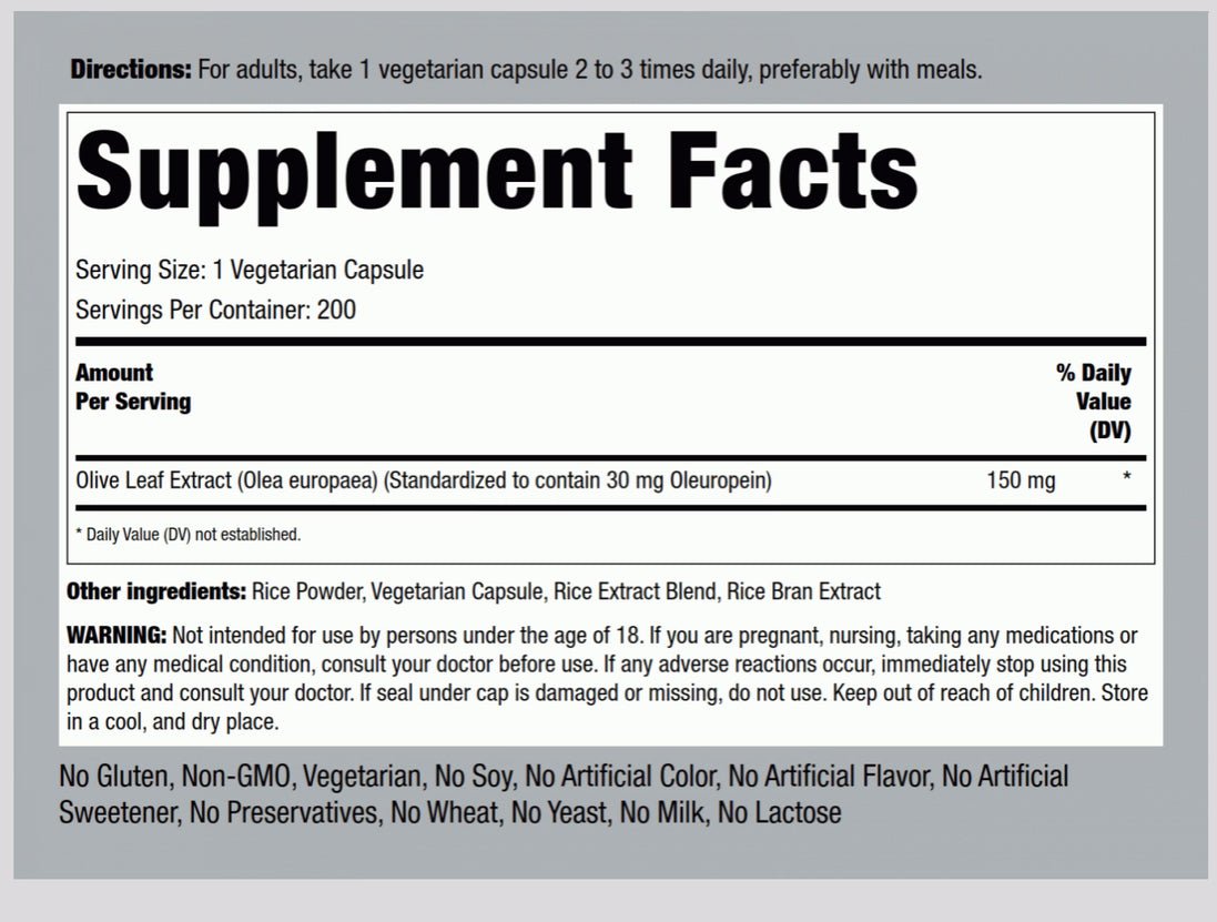 PipingRock Olive Leaf Extract 30mg Oleuropein 200 Vegetarian Capsules Exp 04/2026 - Ome's Beauty Mart