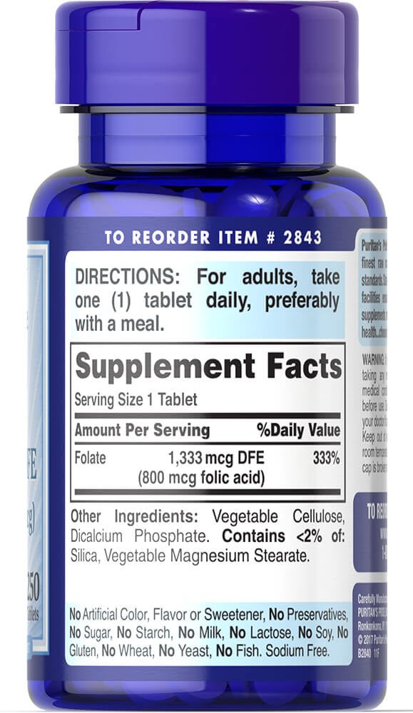 Puritan’s Pride Folate 1333mcg DFE (800 mcg folic acid) 250 Tablets Exp 11/2027 - Ome's Beauty Mart
