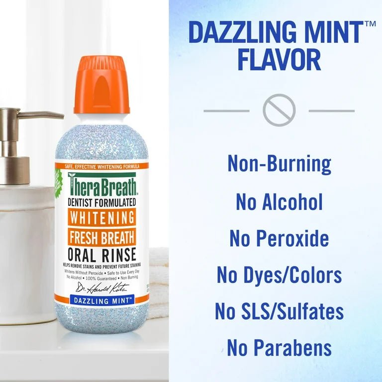 TheraBreath Whitening Fresh Breath Oral Rinse | Mouth Wash | Dentist Formulated | Dazzling Mint 16 fl.oz Exp 06/2025 - Ome's Beauty Mart