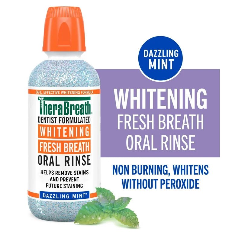 TheraBreath Whitening Fresh Breath Oral Rinse | Mouth Wash | Dentist Formulated | Dazzling Mint 16 fl.oz Exp 06/2025 - Ome's Beauty Mart