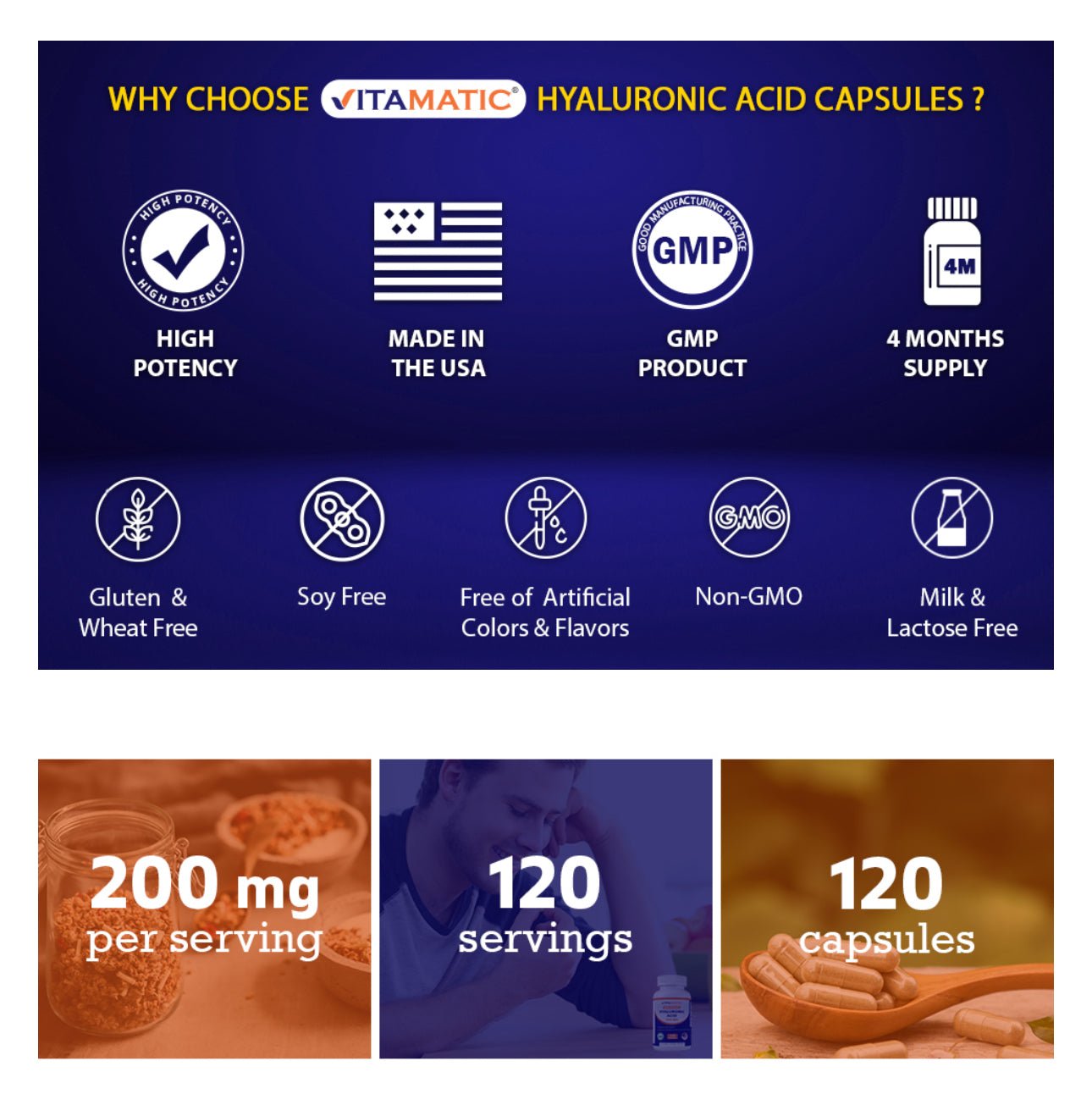 Vitamatic Hyaluronic Acid 200mg | Supports Healthy Connective Tissue and Joints | Promote Youthful Healthy Skin - 120 Capsules Exp 03/2027 - Ome's Beauty Mart