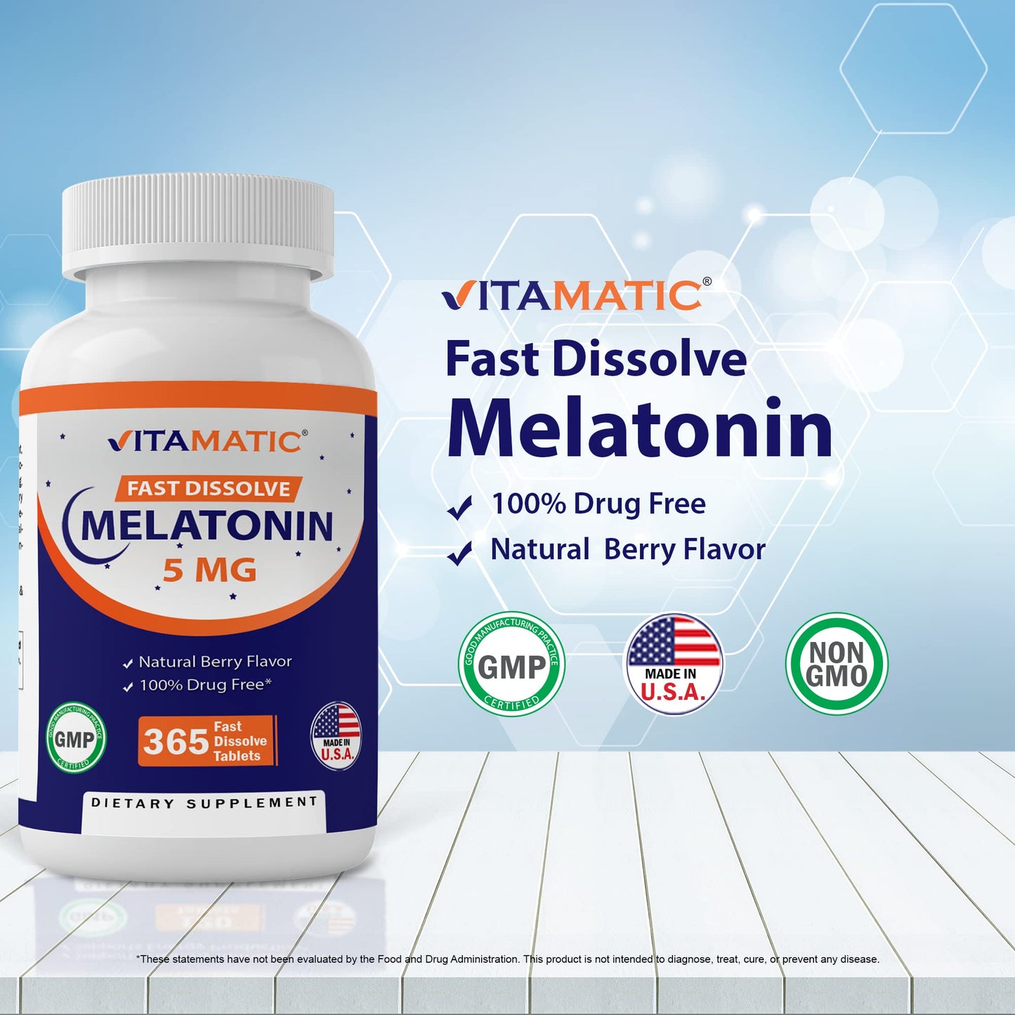 Vitamatic Melatonin 5mg Tablets | Sleep Aid | 1 Year Supply | Natural Berry Flavor - Chewable Quick Dissolve 365 Tablets Exp 01/2027 - Ome's Beauty Mart