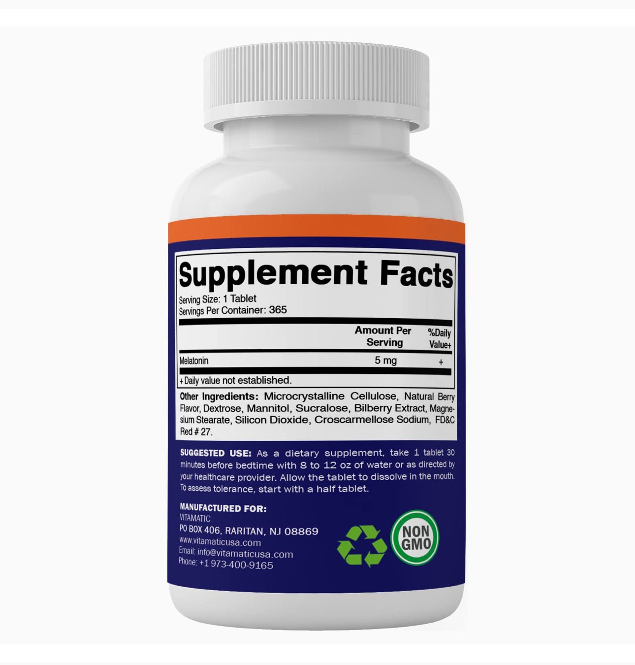 Vitamatic Melatonin 5mg Tablets | Sleep Aid | 1 Year Supply | Natural Berry Flavor - Chewable Quick Dissolve 365 Tablets Exp 01/2027 - Ome's Beauty Mart