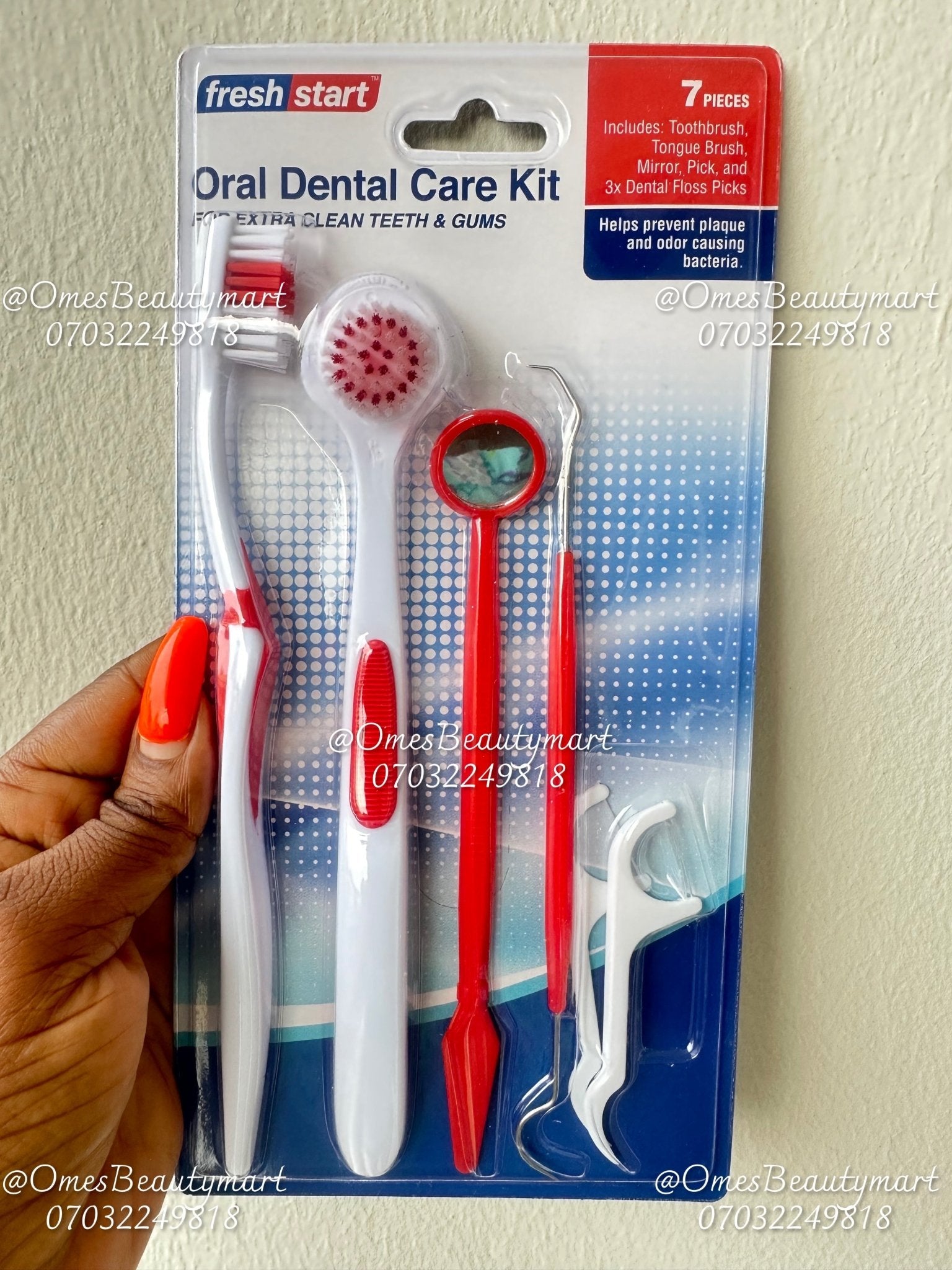 Oral Dental Care Kit 7-Piece Set with Floss & Tongue Brush - Red – Ome ...