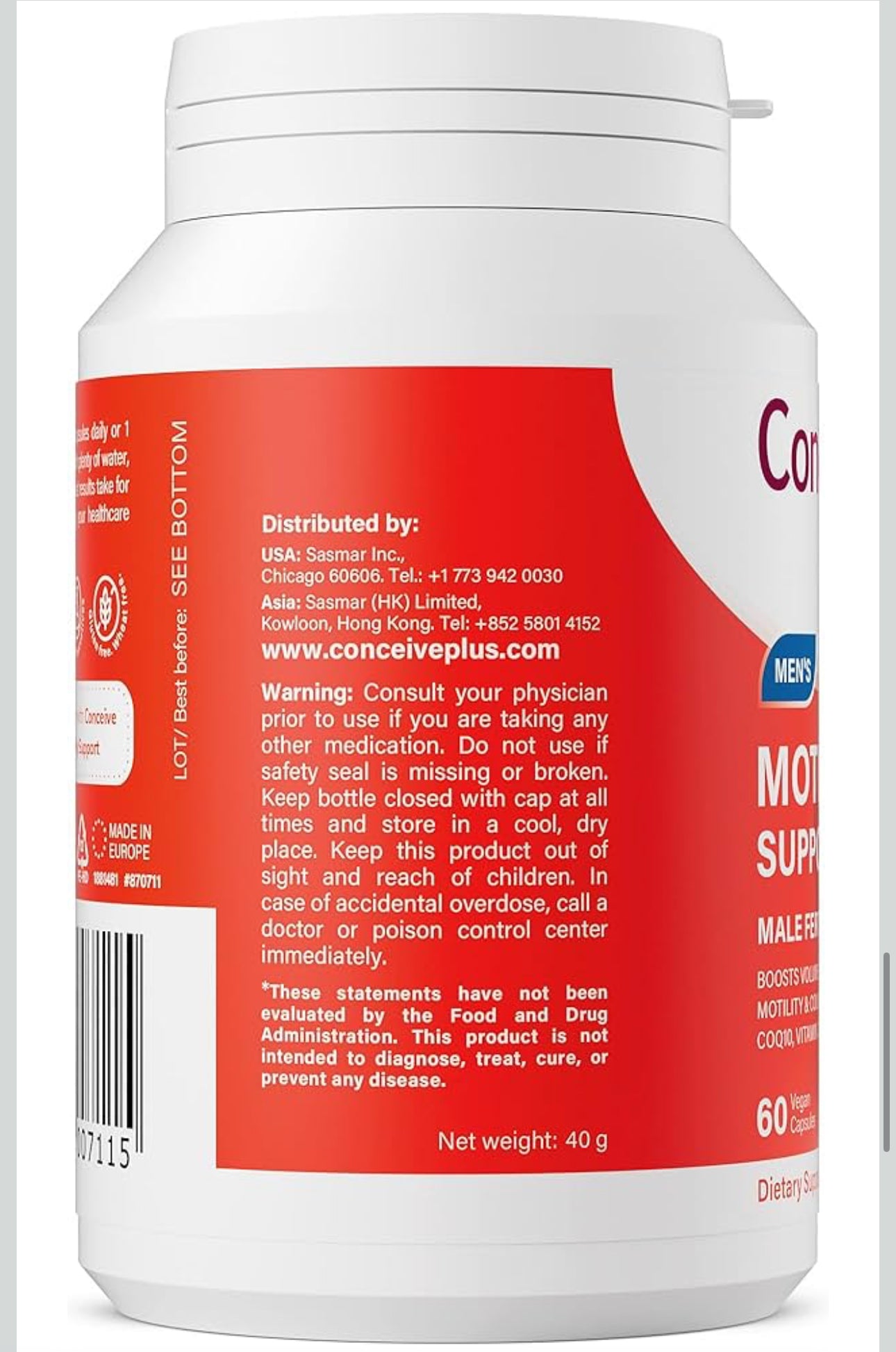CONCEIVE PLUS Motility Support for Men | Formulated to Boost Sperm Volume & Motility | Vitamin D, Vitamin E, Zinc, Spermidine, Antioxidants | Enhances Sex Drive | 60 Capsules; Exp 11/2028 (New Look)