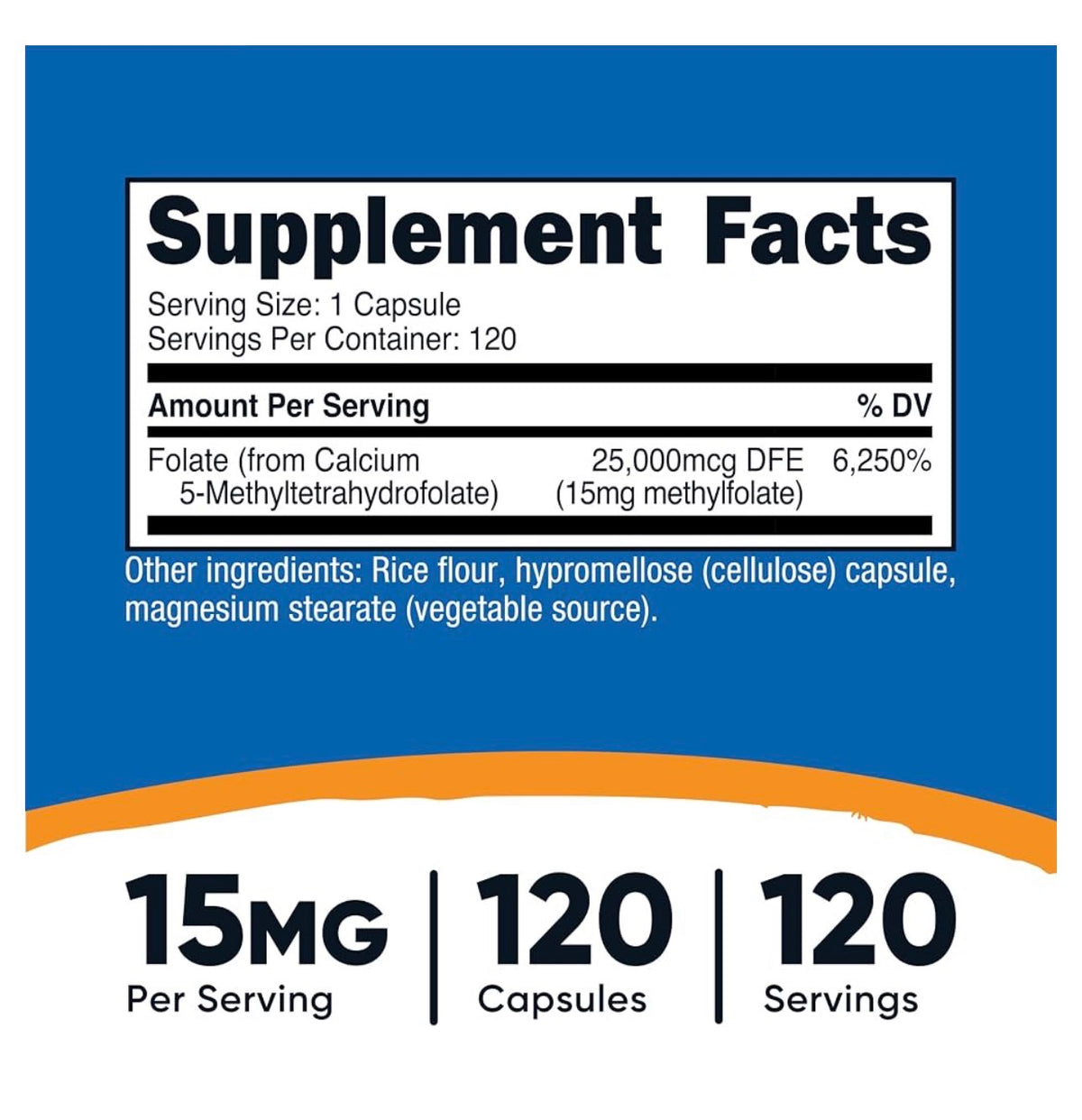 Nutricost L- MethylFolate 5-MTHF (Vitamin B9) 15mg | Quatrefolic - Biologically Active Form of Folate | 120 Capsules; Exp 09/2028