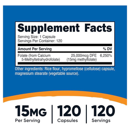 Nutricost L- MethylFolate 5-MTHF (Vitamin B9) 15mg | Quatrefolic - Biologically Active Form of Folate | 120 Capsules; Exp 09/2028