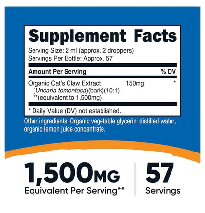 Nutricost Organic Cat's Claw Liquid Drops | Uncaria Tomentosa | 57 Servings | Immune & Antioxidant Support | Soothes Joint Discomfort &  Eases Symptoms of Osteoarthritis and Rheumatoid Arthritis | 3.8 Fl.oz/114ml; Exp 05/2028