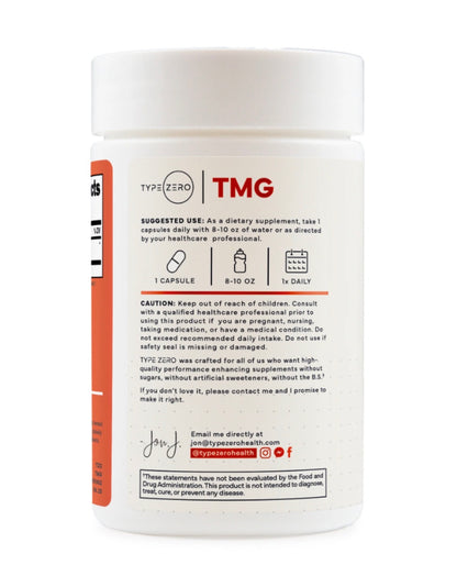 TypeZero TMG 750mg - Trimethylglycine | Betaine Anhydrous | Supports Detoxification | Promotes Healthy Liver Function & Normal Homocysteine Levels | 120 Capsules; Exp 07/2028
