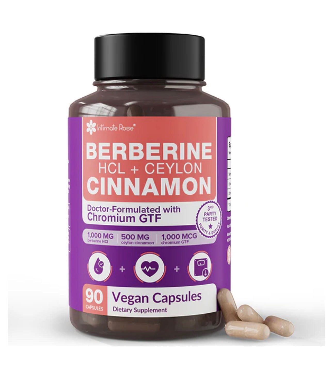 Intimate Rose Berberine + Ceylon Cinnamon & Chromium GTF | Berberine HCL 1000 mg, Ceylon Cinnamon Extract (10:1) 500 mg, Chromium Polynicotinate 1000 mcg | 90 Capsules; Exp 10/2027