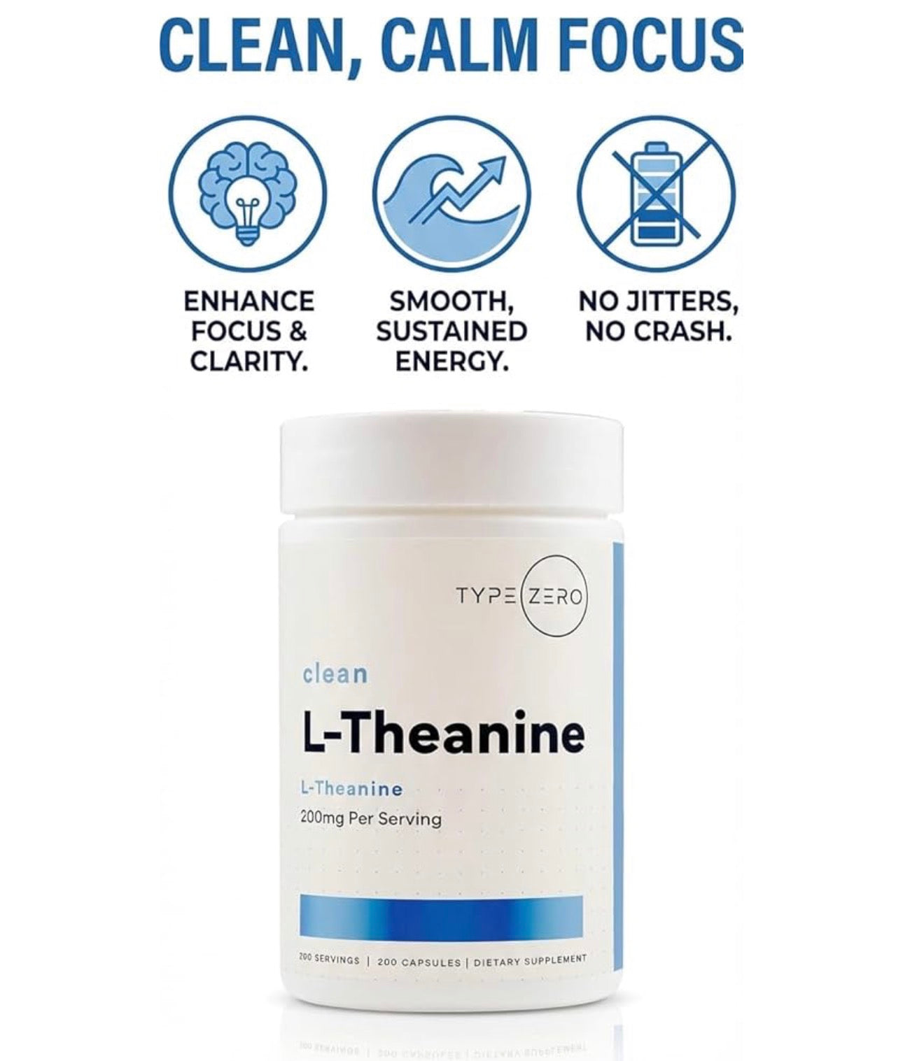 TypeZero L-Theanine 200mg Double Strength | Reduces Stress & Anxiety | Improves Sleep Quality & Mental Focus | 200 Capsules; Exp 07/2028