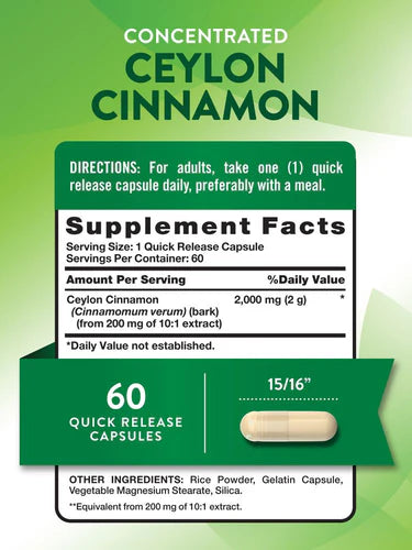 Nature’s Truth Concentrated Ceylon Cinnamon 2000mg | Blood Sugar & Weight Management Support | 60 Capsules; Exp 08/2027