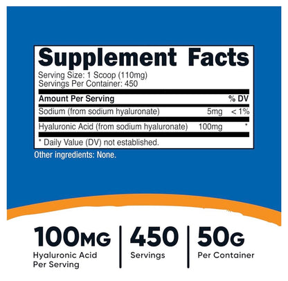 Nutricost Pure Hyaluronic Acid Powder | 100mg per Serving; 450 Servings | Supports Healthy Connective Tissue and Joints | Promote Youthful Healthy Skin | Dietary Supplement or Topical Use | 50g; Exp 04/2028