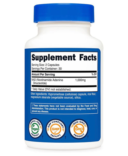 Nutricost NAD+ 1000mg Nicotinamide Adenine Dinucleotide | Promotes Healthy Cellular Metabolism & Energy Production | Helps Fight General Fatigue & Promotes Longevity | 60 Capsules; Exp 04/2029
