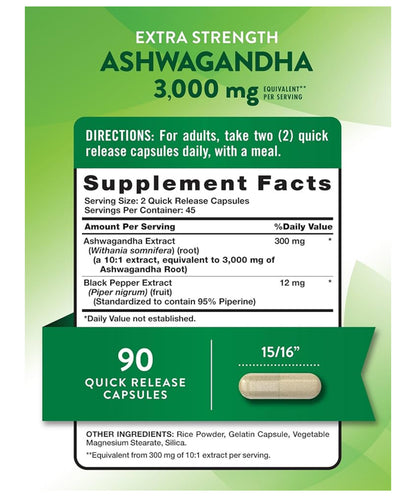 Nature's Truth Extra Strength Ashwagandha 3000mg  | with Black Pepper Extract | 90 Capsules; Exp 10/2027