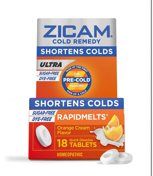 Zicam Ultra Cold Remedy Zinc Rapidmelts | Homeopathic, Cold Shortening Supplement | Shortens Cold Duration | Sugar-Free, Dye-Free | 𝗢𝗿𝗮𝗻𝗴𝗲 𝗖𝗿𝗲𝗮𝗺 𝗙𝗹𝗮𝘃𝗼𝗿 ~ 18 Quick Dissolve Tablets; Exp 09/2026