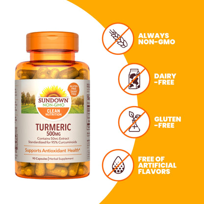 Sundown Turmeric 500 mg | 90 Day Supply | Supports Antioxidant Health | Anti-Inflammatory | 90 Capsules, Exp 01/2026