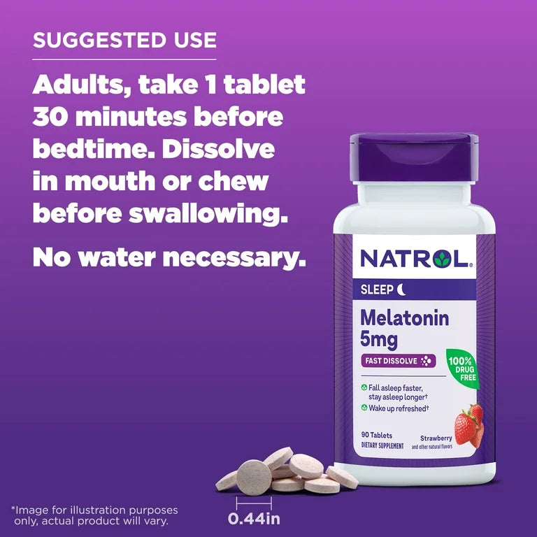 Natrol Fast Dissolve Melatonin 5 mg | Nighttime Sleep Aid for Adults | 90-Day Supply | Strawberry & Other Natural Flavors, 90 Tablets, Exp 03/2026