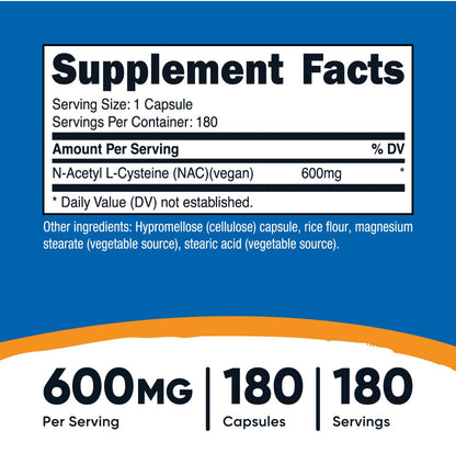 Nutricost NAC N-Acetyl L-Cysteine 600mg | Supports Immune System and Liver Health | Fights Free Radicals | 180 Capsules, Exp 01/2028