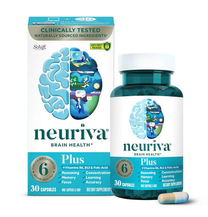 Schiff’s NEURIVA Plus | Brain Supplement for Memory and Focus with Vitamins B6, B12, Phosphatidylserine | Nootropics for Concentration for Mental Clarity, Cognitive Enhancement | 30 Capsules; Exp 07/2026
