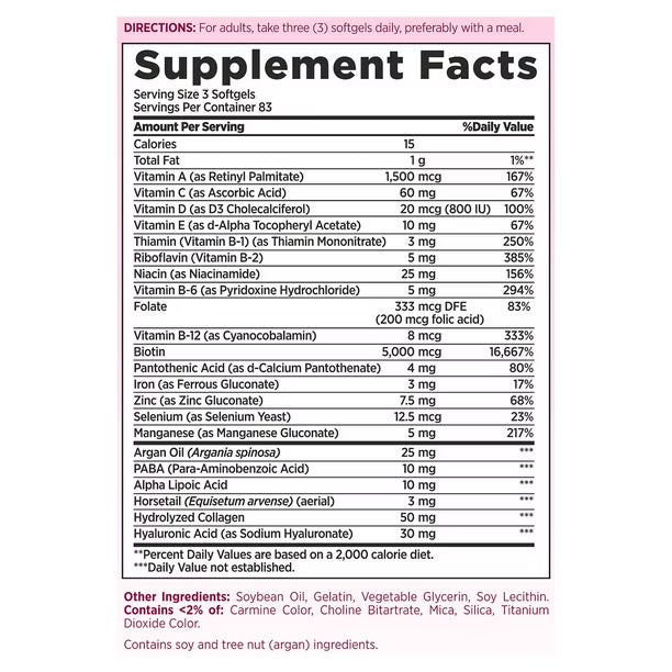Nature's Bounty Advanced Hair, Skin and Nail Biotin & Vitamins A, C, & E, Women's Multivitamin | 83 Servings | with 5000mcg Biotin | 250 Softgels; Exp 05/2027