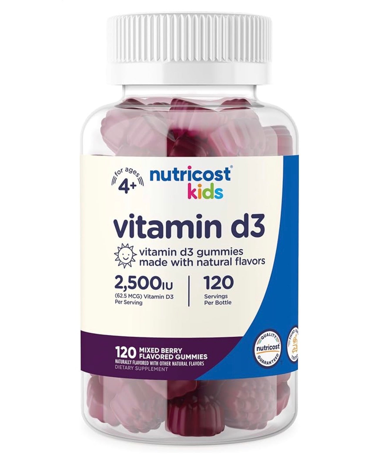 Nutricost Kids Vitamin D3 Gummies 2,500 IU (62.5mcg) | For Kids Aged 4 Years & Above | Supports Healthy Bones, Immune System & Nerves | Mixed Berry Flavored ~120 Gummies; Exp 08/2028