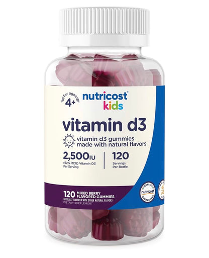Nutricost Kids Vitamin D3 Gummies 2,500 IU (62.5mcg) | For Kids Aged 4 Years & Above | Supports Healthy Bones, Immune System & Nerves | Mixed Berry Flavored ~120 Gummies; Exp 08/2028