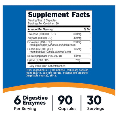 Nutricost Proteolytic Enzymes | Blend of 6 Digestive Enzymes - Protease, Amylase, Bromelain, Papain, Serratiopeptidase & Lipase | Speeds of Protein Digestion & Overall Digestive Health | 90 Capsules; Exp 03/2029