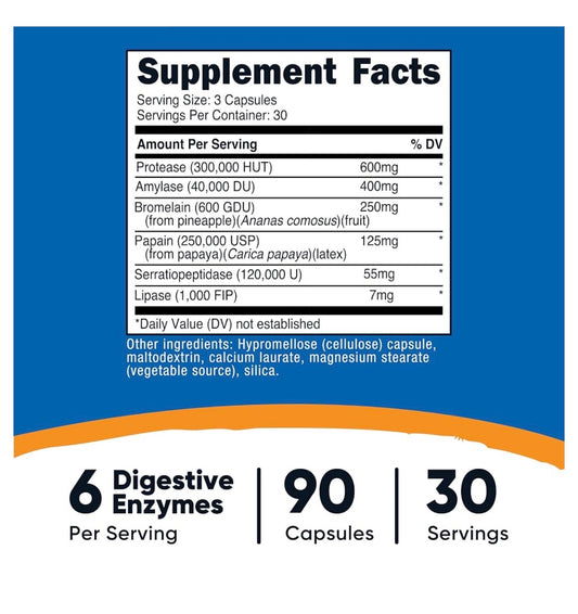 Nutricost Proteolytic Enzymes | Blend of 6 Digestive Enzymes - Protease, Amylase, Bromelain, Papain, Serratiopeptidase & Lipase | Speeds of Protein Digestion & Overall Digestive Health | 90 Capsules; Exp 03/2029