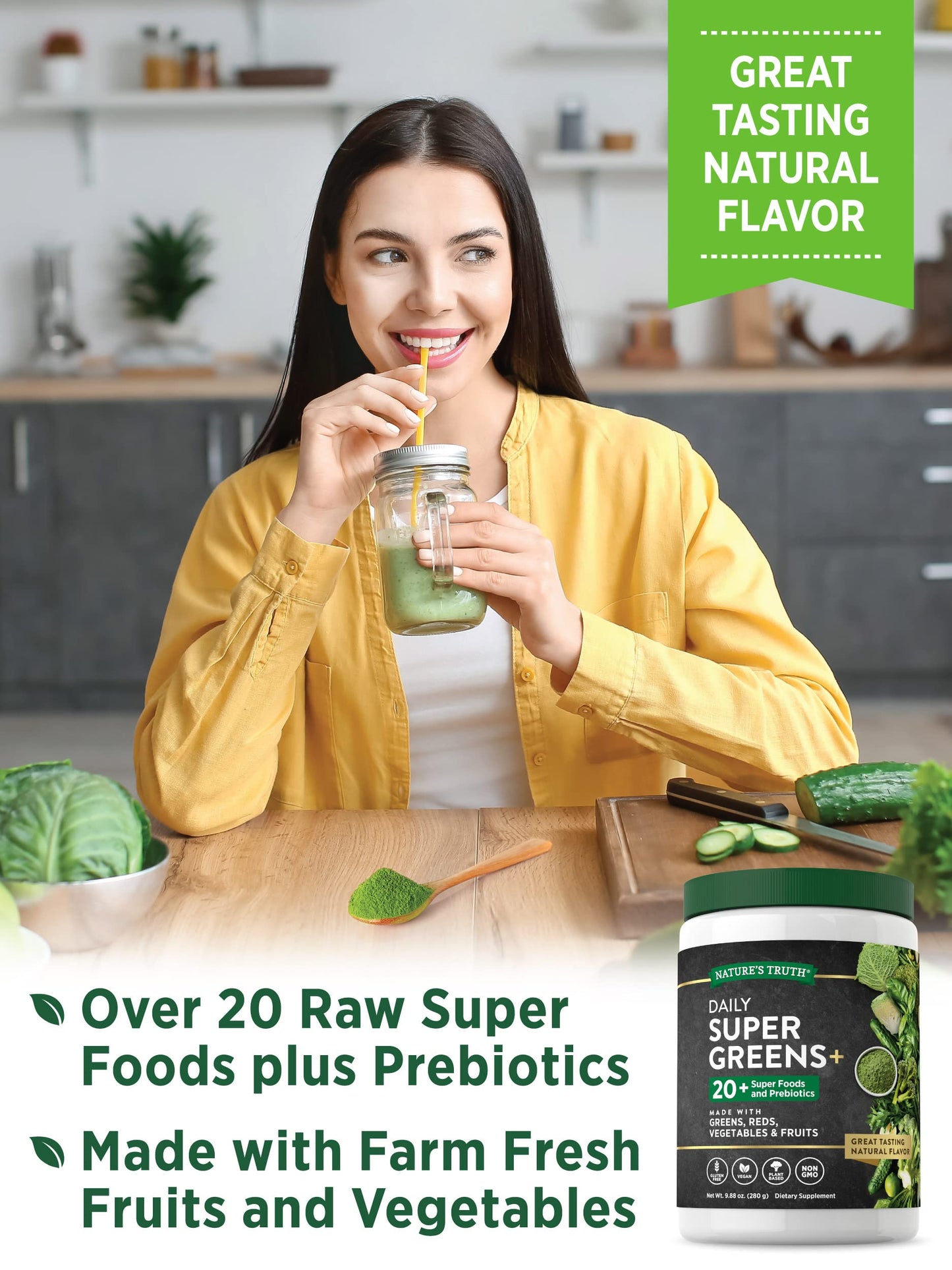 Nature's Truth Super Greens Powder Supplement | Fruit & Vegetables Superfood Blend | 20+ SuperFoods and Prebiotics | 9.88oz/280g Exp 02/2027