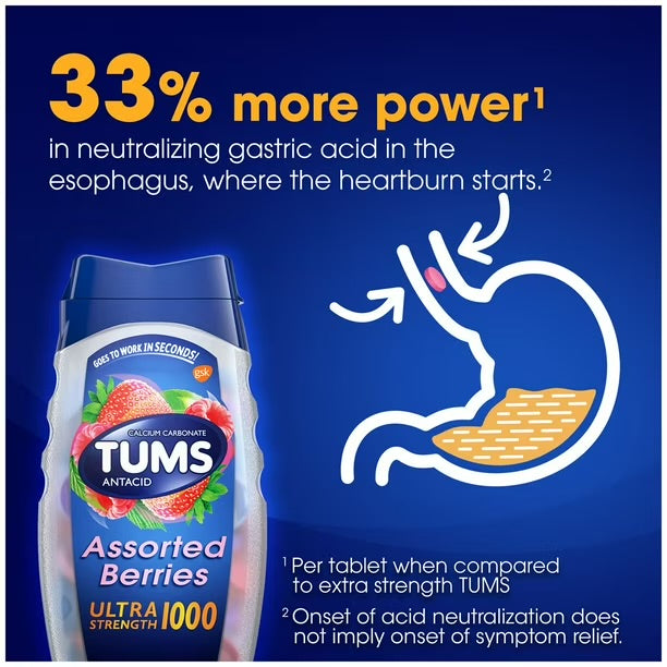 TUMS Ultra Strength Heartburn Relief Chewable Antacid Tablets | 1000mg Calcium Carbonate | 3.6x the Regular 72ct Pack | Assorted Berries Flavor | 265 Chewable Tablets; Exp 12/2030