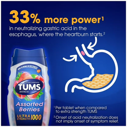 TUMS Ultra Strength Heartburn Relief Chewable Antacid Tablets | 1000mg Calcium Carbonate | 3.6x the Regular 72ct Pack | Assorted Berries Flavor | 265 Chewable Tablets; Exp 12/2030