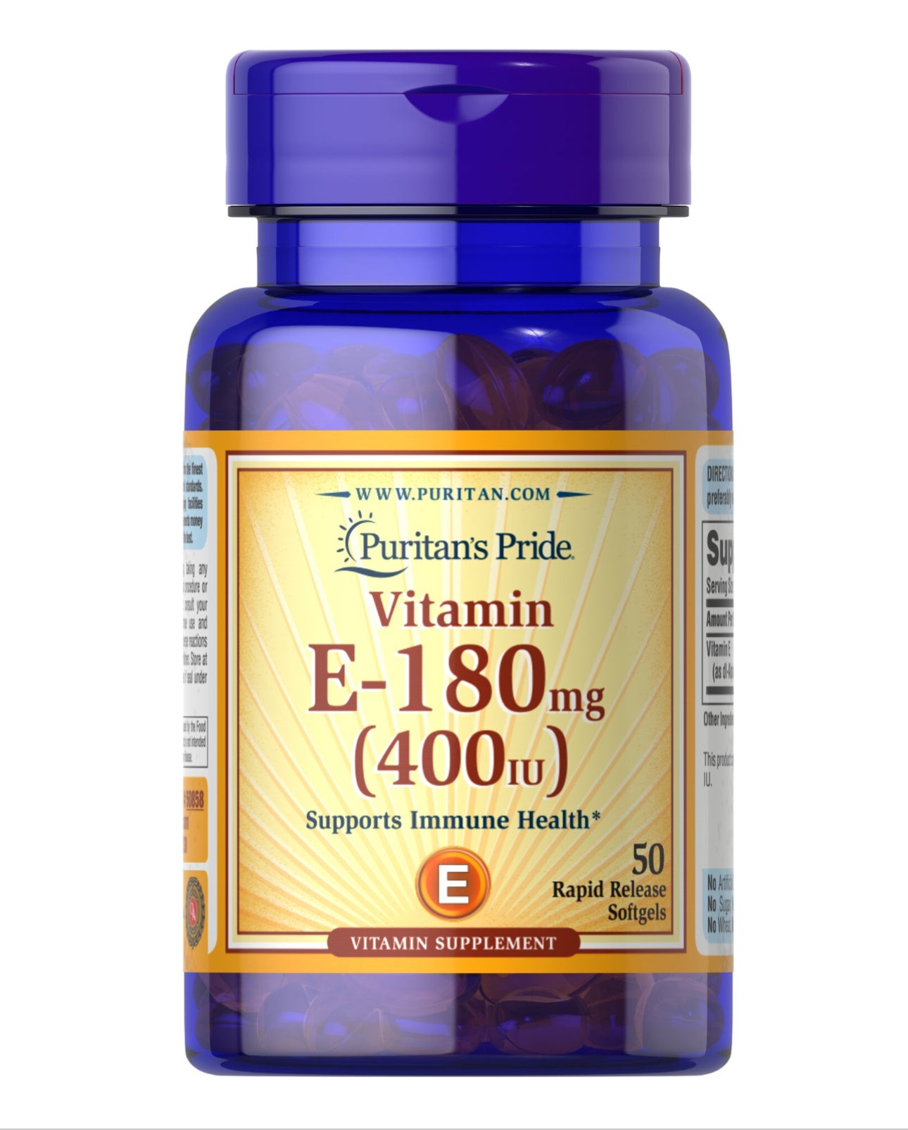 Puritan’s Pride Vitamin E 180mg (400 IU) | Antioxidant | Supports Healthy Immune & Vascular System | Contributes to Healthy Skin | 50 Rapid Release Softgels; Exp 02/2028